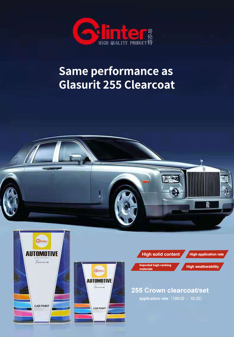 GLINTER HS 255 Crown Clearcoat alto brillo pintura acrílica de alta dureza reacabado alta gordura proveedor chino pintura para automóviles 